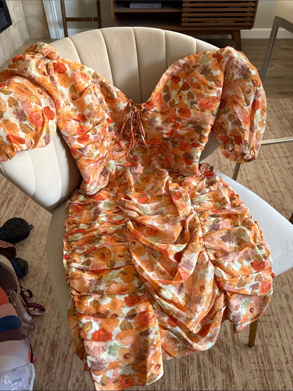 Orange Floral Puff-Sleeve Midi Dress with Ruched Details